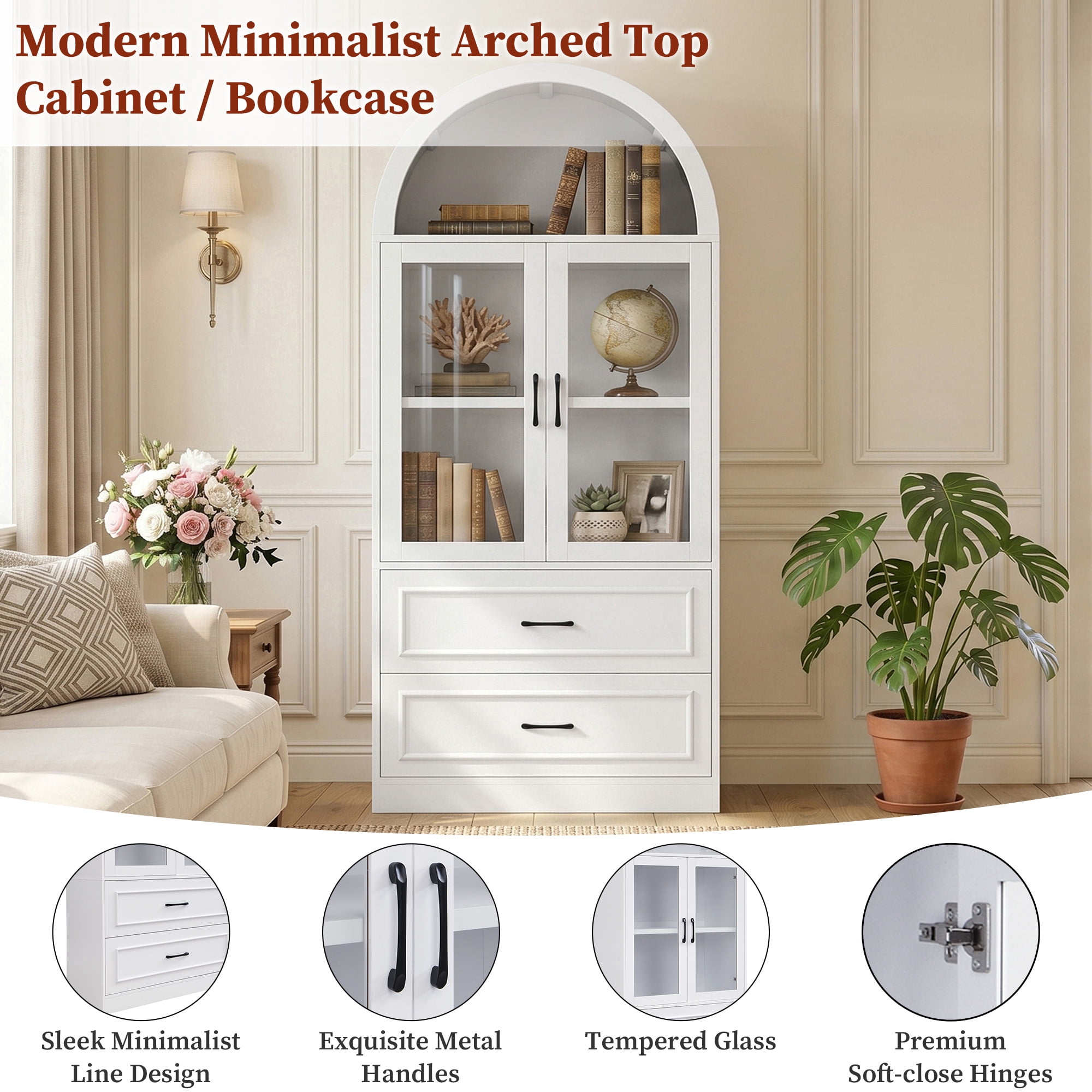 Arched Top Storage Cabinet with Tempered Glass Doors, Fixed 2-Tier Shelves, 2 Large Drawers, Soft Close Hinges & Exquisite Metal Handles, White