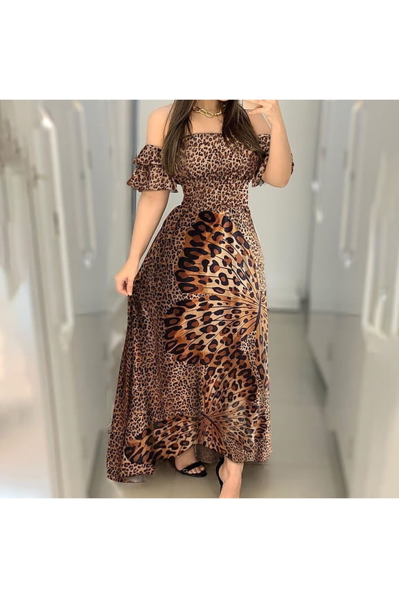 Summer Dresses for Womens Leopard Print Off Shoulder Boho Dress Strapless Ruffle Short Sleeve Beach Casual Long Dress