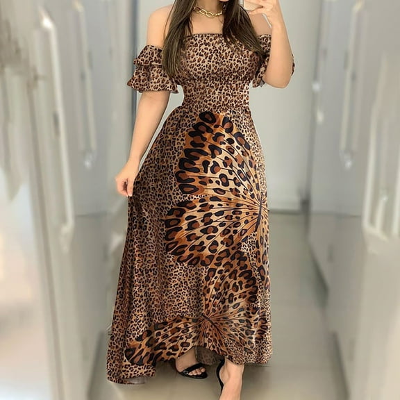 Fesfesfes Summer Dresses for Womens Leopard Print Off Shoulder Boho Dress Strapless Ruffle Short Sleeve Beach Casual Long Dress