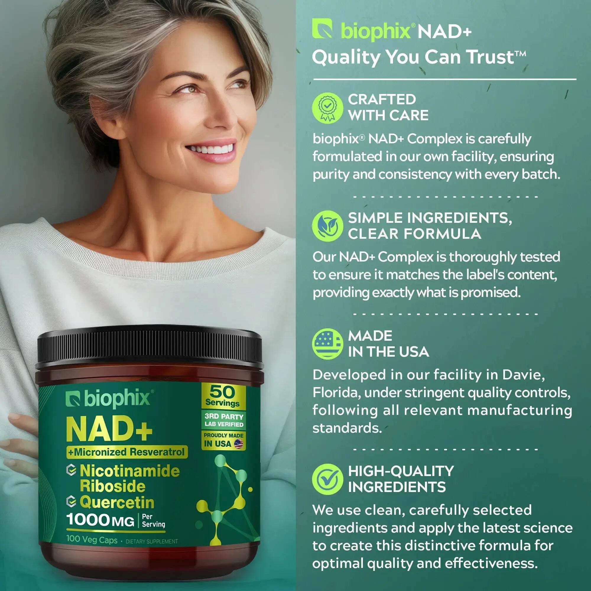 biophix NAD+ Micronized Resveratrol - Nicotinamide Riboside with Quercetin 1000mg per Serving 100 Veg Capsules