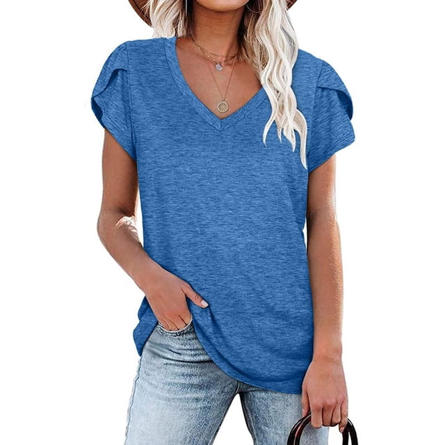 Camisetas casuales de manga de pétalo de verano con cuello en V para mujer Fokelyi WRHS-177-3