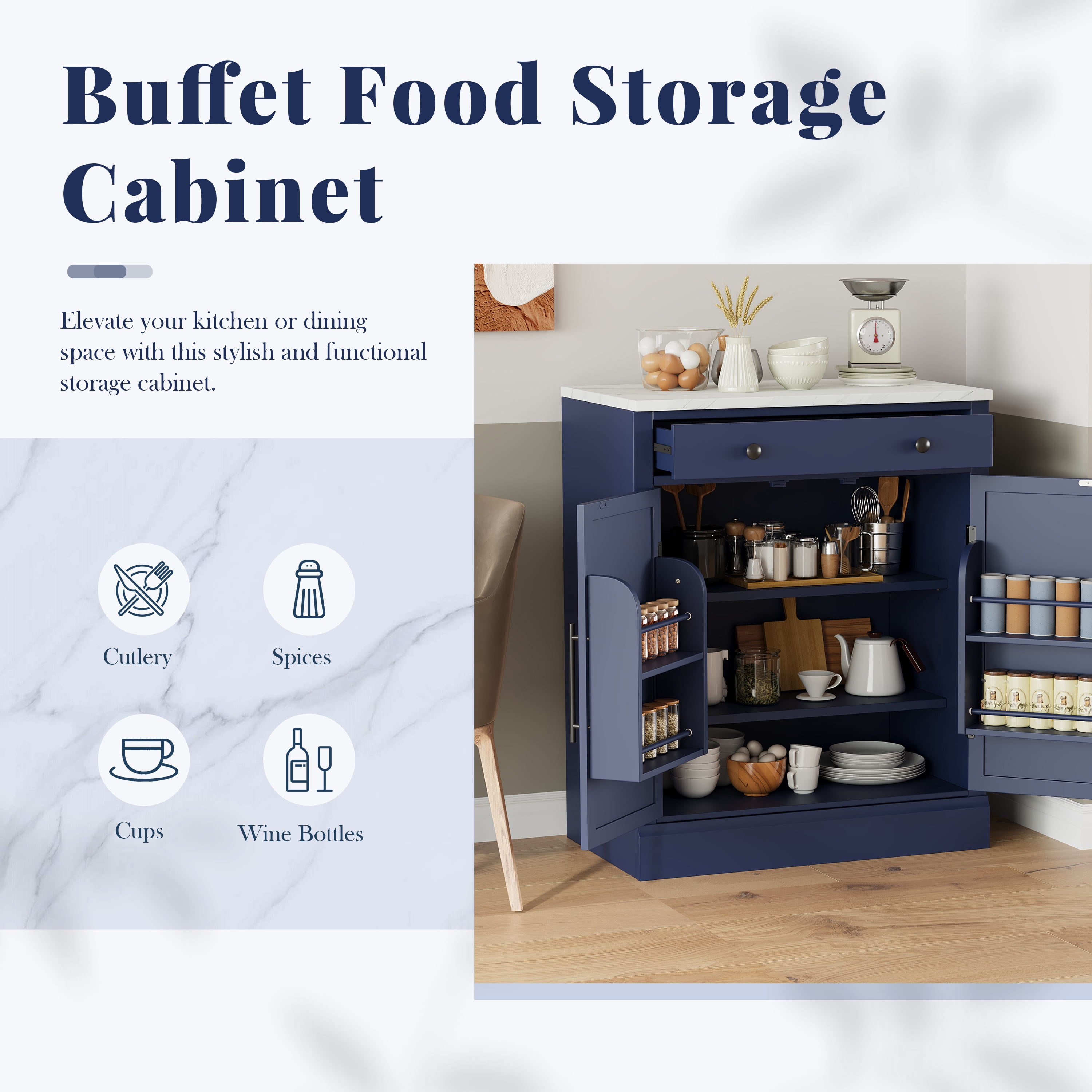 Leumius Modern Freestanding Kitchen Pantry Cabinet with Drawer, 2 Adjustable Shelves, 2 Door Shelves, Faux Marble Top, Coffee Bar Storage, Blue
