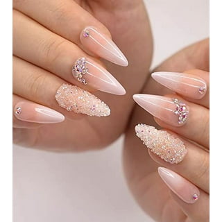 Artquee 36pcs Pink Ombre Crystal Press on Nails with 3D Rhinestones Mixed  Pink Metal and Glitter Glossy False Nails Long Ballerina Coffin Flash Fake