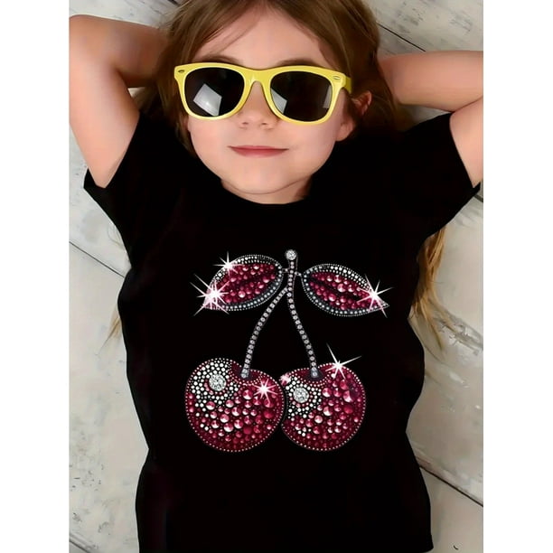 Camiseta con estampado de cerezas para niña - Manga corta con diseño de cerezas brillantes, cuello redondo, top informal de verano, ropa de exterior | Estampado divertido | Ajuste cómodo | Camisetas