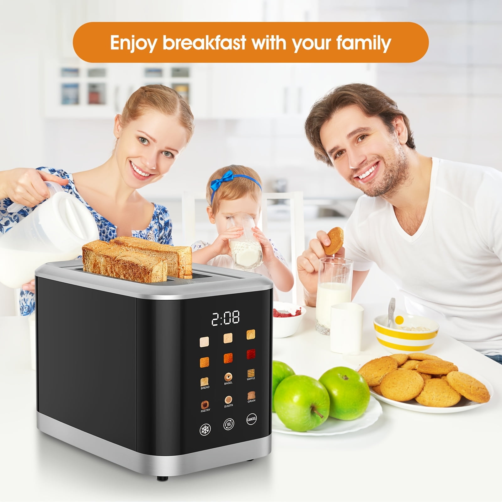 2 Slice Touch Screen Toaster | 1.5 Inch Wide Slot for Bread, English Muffins, Croissants, Bagels | 5 Adjustable Toast Settings, Cancel and Defrost, Supports 6 Bread Types and Shade Settings