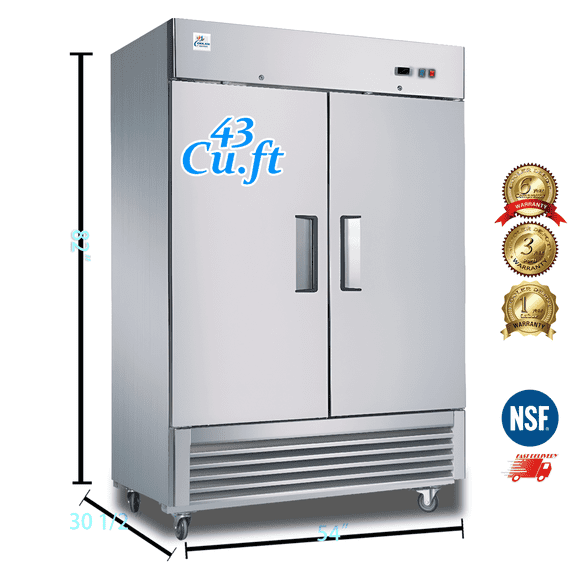 Commercial Reach in Refrigerator, 54" x 30 1/2" x 82",43Cu Ft, Double Door Stainless Steel Fridge, NSF certified