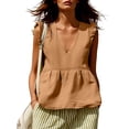 thumbnail image 2 of TGSLY Women's Linen Deep V-Neck Tank Tops Dressy Casual Ruffle Detail Solid Color Sleeveless Vest Lightweight Soft Elastic Waist Tshirts S, 2 of 7