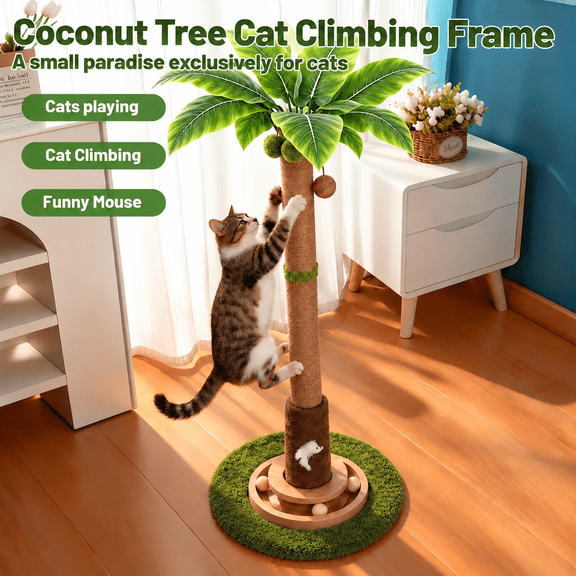 Wuhnesd Coconut Palm Cat Scratching Post with Interactive Balls,Cat Toys,Cat Scratcher Tree for Large Cat Heavy Duty,Protect Sofa, Cat Tree for Indoor Cats
