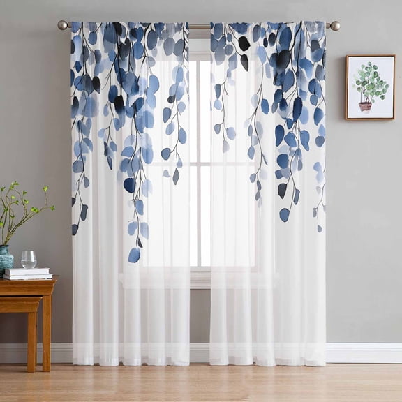 Navy Blue Eucalyptus Leaves Semi Sheer Curtains 96 Inch Length 2 Panels Set, Summer Watercolor Leaf Sheer Kitchen Curtain Privacy Voile Window Curtain for Living Room Bedroom Rod Pocket Drapes