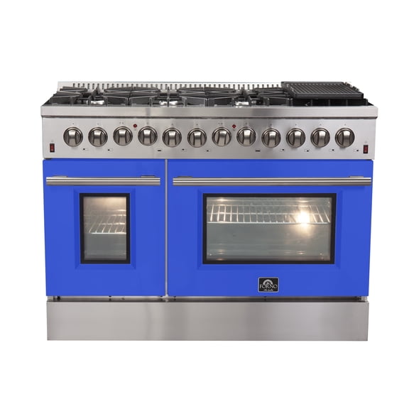 Forno Galiano 48-Inch Freestanding Dual Fuel Range, 8 Burners, Double Convection Ovens, Blue Doors