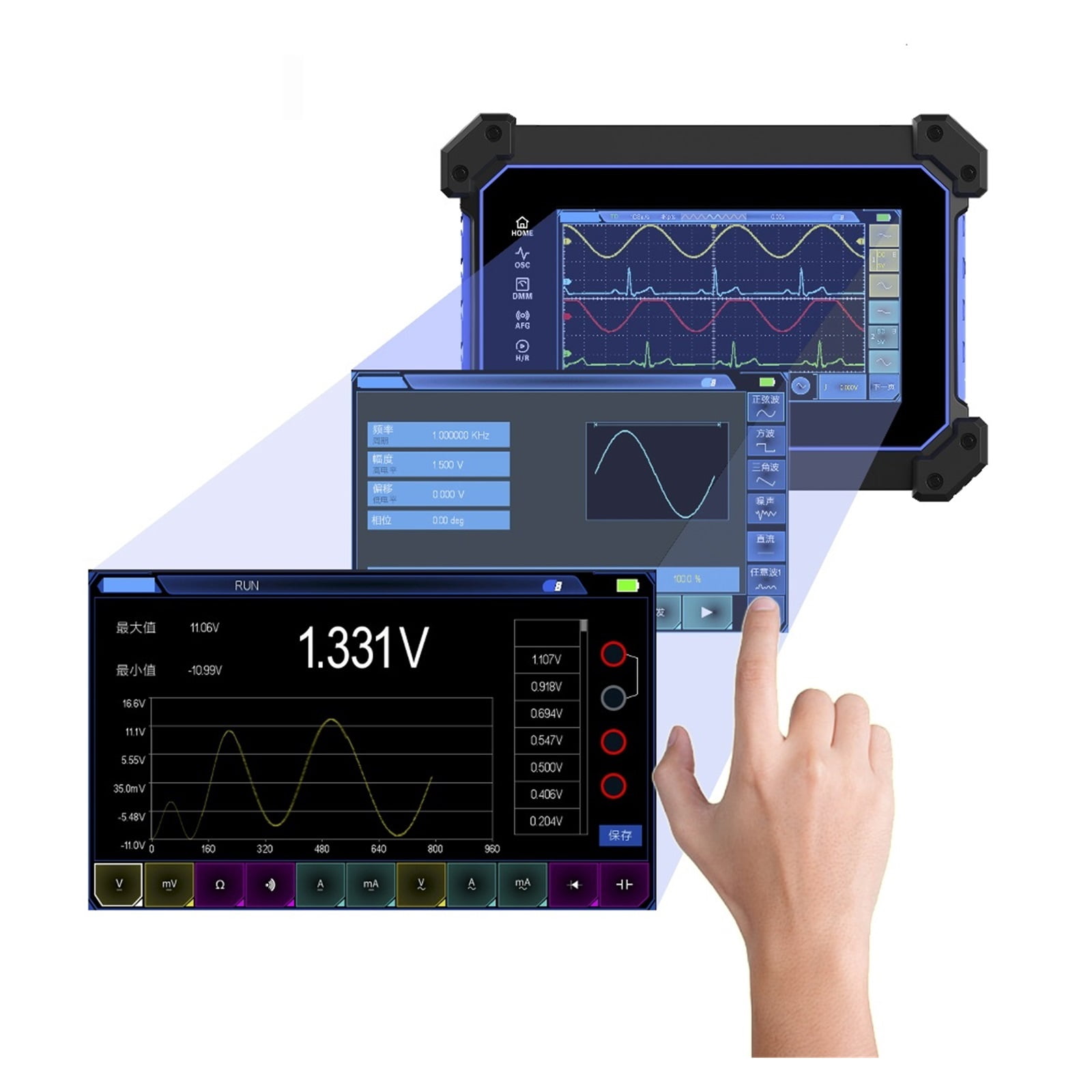 TO1112 TO1112C TO1112D Touch Screen Digital Oscilloscope 2 Channels 110Mhz Hanheld Osciloscopio+Signal Source+Multimeter ,Professional Designed