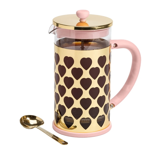 Paris Hilton - Cafetera de prensa francesa con cuchara medidora en forma de corazón, juego de 2 piezas, 8 tazas o 34 onzas, rosa