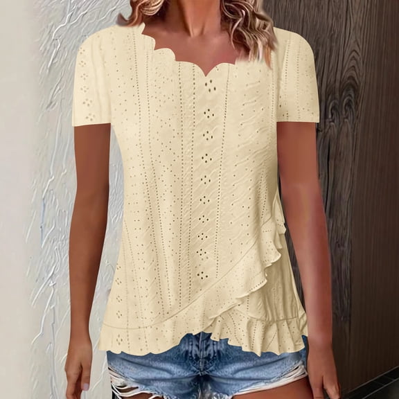 Timegard Tops for Women Trendy Eyelet Ruffle Short Sleeve V Neck Irregularly Dressy Casual Tunic Tops