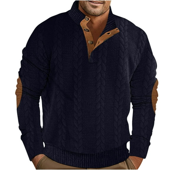 Mens Sweater Tops Textured Knit Patchwork Pullover Sweatshirt 1/4 Half Button Knitted Fall Winter Clothes (3XL, Navy)