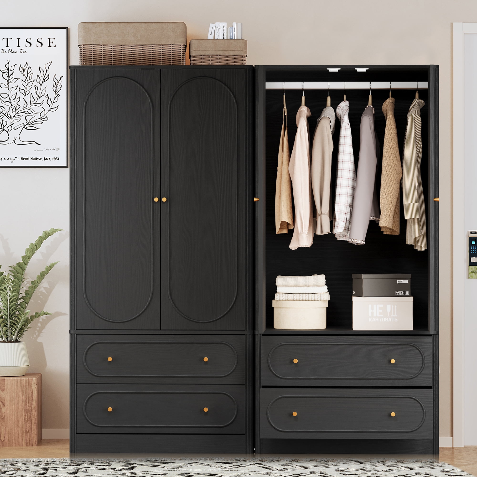 PAKASEPT Armoire Wardrobe With Drawers & LED Light - 70.9" Tall Farmhouse Style Wooden Closet, 2 Arched Doors, Shelves & Hanging Rod