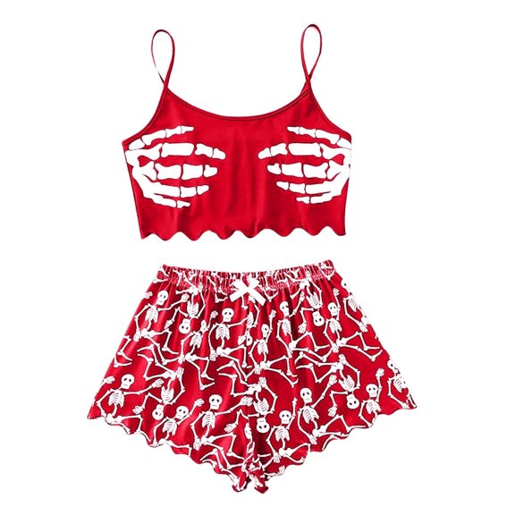 Woman Halloween Pajama Set 2 Piece Spaghetti Strap Tank Top and Shorts Smooth Breathable Sleepwear Close Fitting Womens Lounge Sets