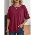 thumbnail image 5 of Women'S Summer Tops Oversized Short Sleeve Shirts Casual Loose Lace Patchwork T-Shirt Outfits Wine Red XL, 5 of 6