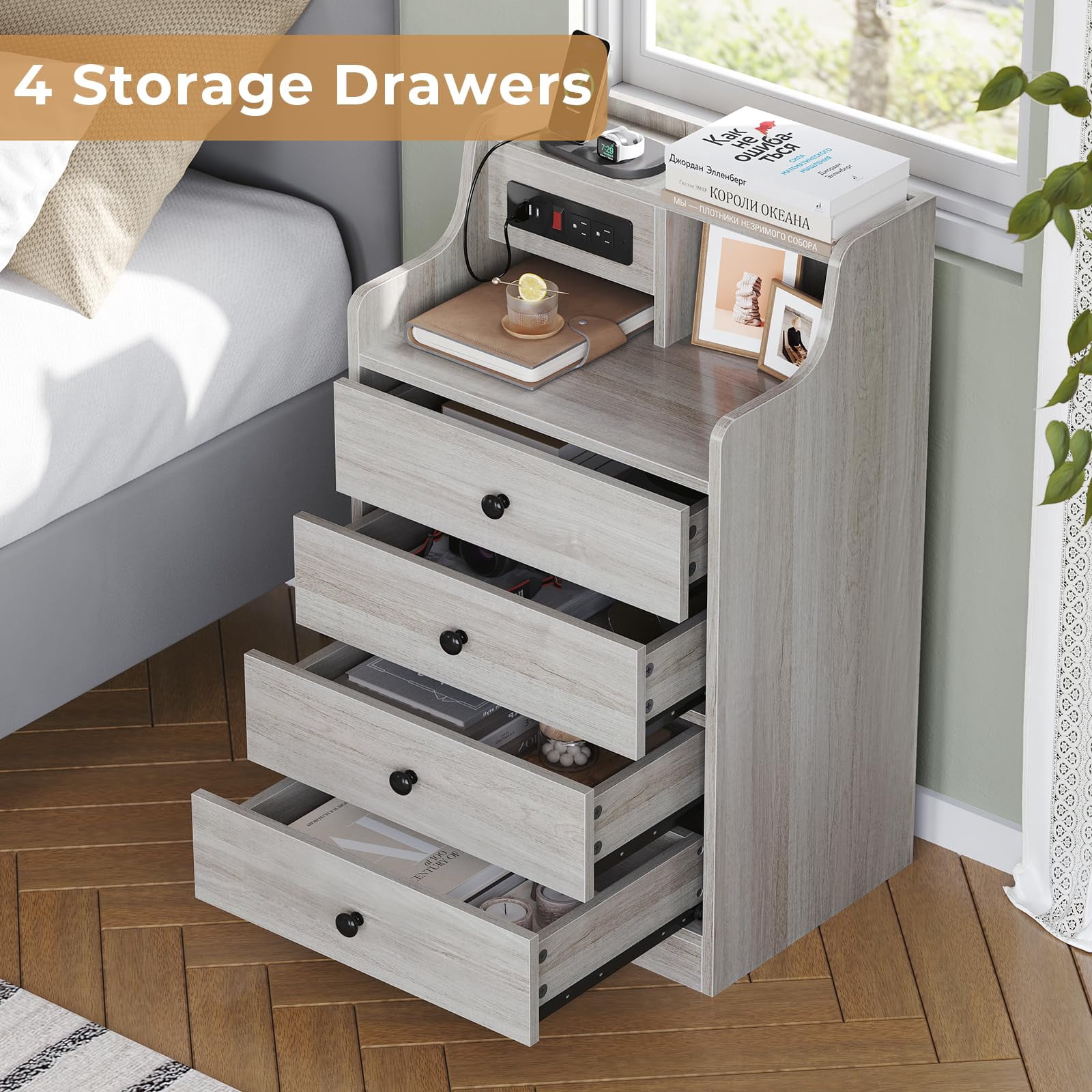 Afuhokles Nightstand with Charging Station, Bedside Table with 4 Drawers,End Table with Hutch, Gray