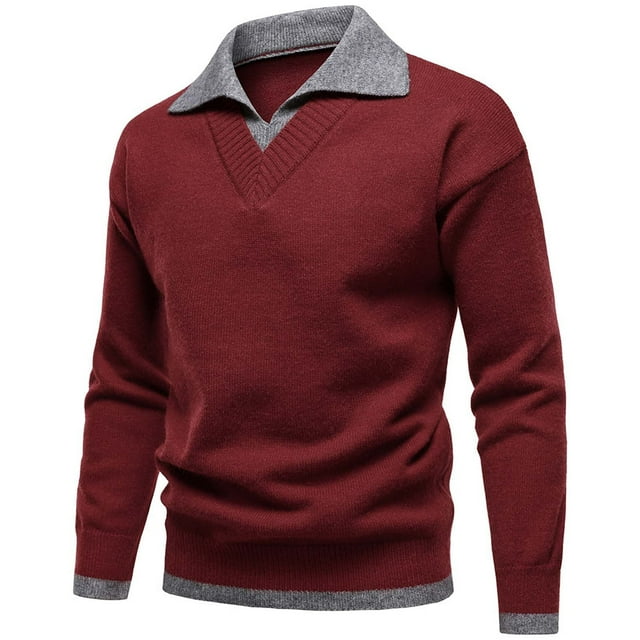 Yaoyar Men's Fashion Color Blocked Fake Two Piece Long Sleeve Collar Elastic Tight Set Knitted Sweater