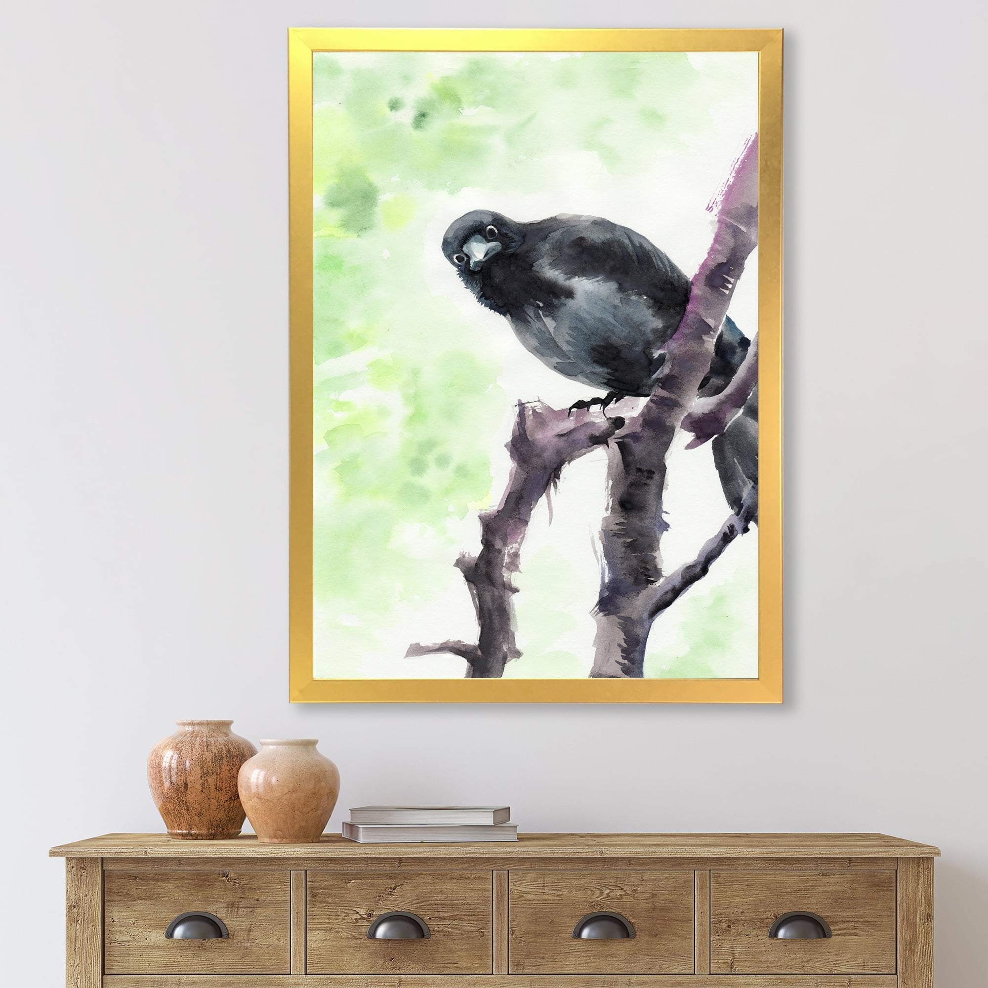 Designart 'Curious Crow Sitting On A Branch' Traditional Framed Art Print