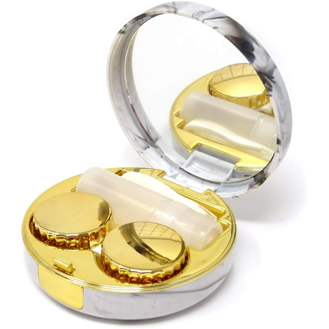Fashion Marble Contact Lens Case Portable Contact Lens Box Kit with Mirror (Round) (Gold)