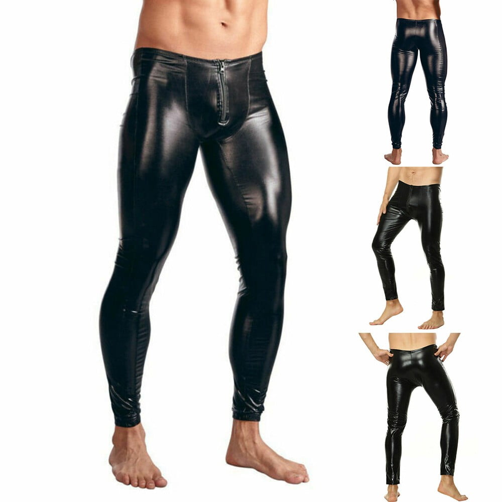 Fashion Men Double Zipper Pants Black PU Leather Leggings Wetlook
