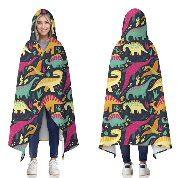 Wearable Blanket,DarkBlue Colorful Dinosaurs Pattern Hooded Wearable Flannel Blanket for Adults & Teens,Winter Poncho Shawl Wrap Cape Cozy Anti-Pill,50"x60"