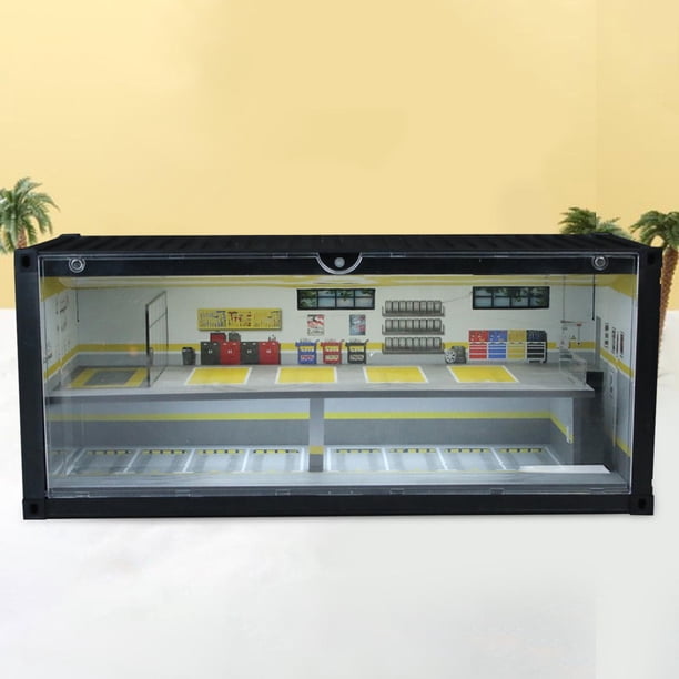 Vitrina de estacionamiento a escala 1:64 con LED incorporado, escena de taller de reparación realista simulada para diseño de figura de coche fundido