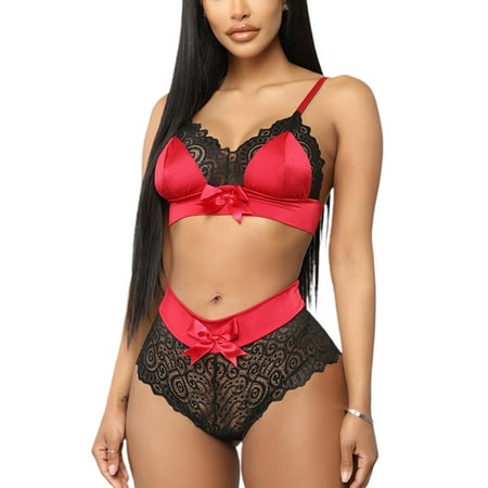 

Jusddie Ladies Underwear Deep V Neck Nightdress 2 Pieces Comfy Lingerie Set Babydoll Women Contrast Color Lace Sexy With Panties Red L