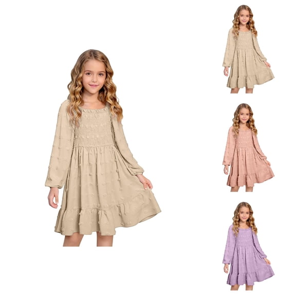 Pink Dress for Girls Long Sleeve Square Neck Dress – Smocked Detail with A-Line Silhouette, Modest Fall Dress for School & Casual Gatherings
