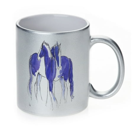 

KuzmarK Silver Sparkle Coffee Cup Mug 11 Ounce - Piebald Gypsy Cobs in Purple and Blue Abstract Horse Art by Denise Every