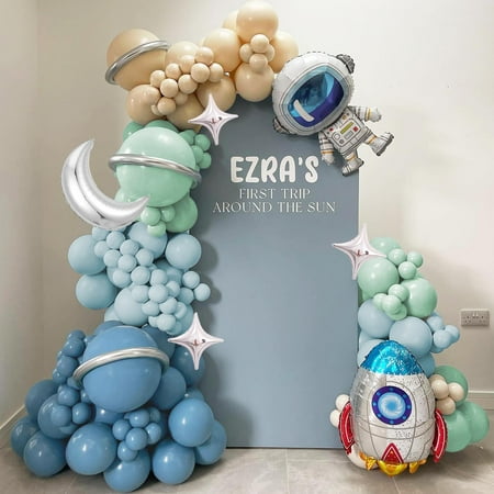 ECEAE 137Pcs Space CORNET Balloon Arch Garland Kit with Green Nude Rocket Astronaut Moon Star Balloons for Space Baby Shower, Nasa Party Decor, Astro Bot Party Supplies, Over The Moon for Boy