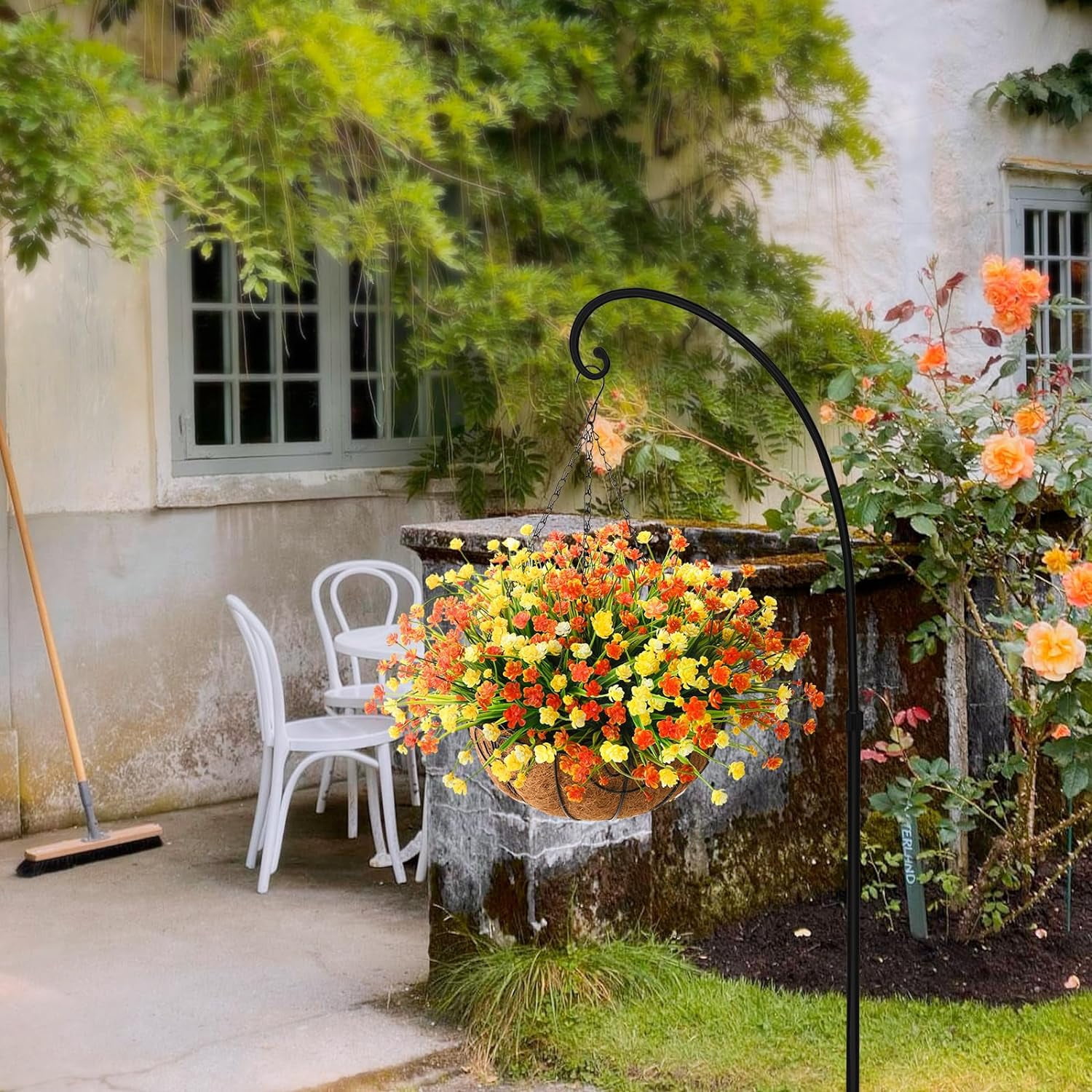 Artificial Hanging Flowers in Basket for Patio Garden Decoration,Artificial Daisy Arrangement,Fake Plants in inch Coconut Lining Basket for Outside Spring Decor(Purple Yellow)