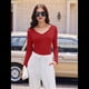 thumbnail image 4 of Camiseta Básica Ajustada de Punto Acanalado con Cuello en V y Larga para Mujer Rojo M, 4 of 7