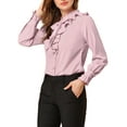 thumbnail image 4 of Allegra K Women's Ruffle Neck Tie Neck Ruffle Cuff Button Front Solid Work Shirt, 4 of 6