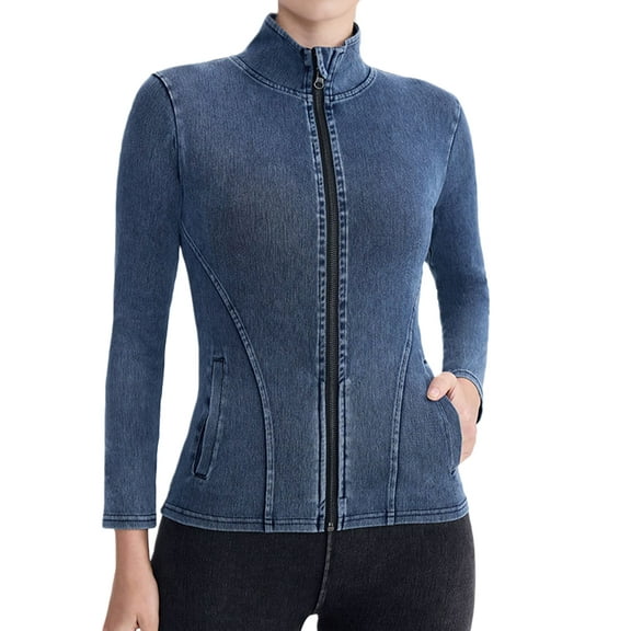 Women'S Denim Zip Front Yoga Jacket High Neck Fitted Workout Top with Pockets Gym Athletic Wear Medium Blue S