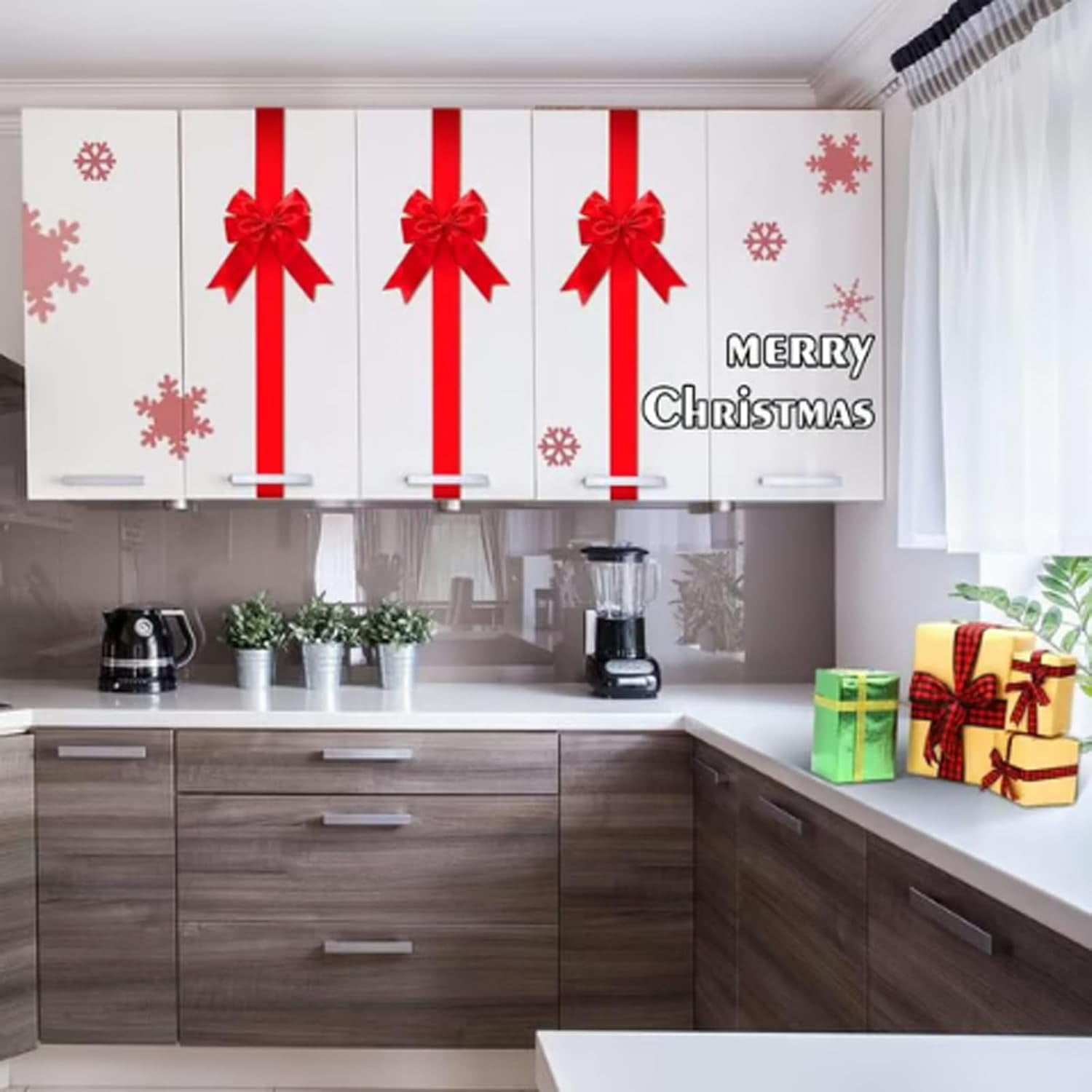 Red Christmas Cabinet Ribbons Bows, Large Red Bow Christmas Door Kitchen Cabinet Ribbon Bows Locker for Xmas Holidays Party Decorations Supplies (Red, 2pc)