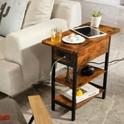 End Table with Charging Station, Flip Top Side Table for Living Room, Bedroom, Narrow Nightstand Bedside Table with Storage Shelves, Berry Brown