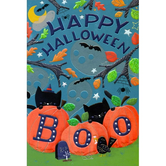 Pictura Ghosts, Black Cats, Bird and Boo Pumpkins on Blue Halloween Card