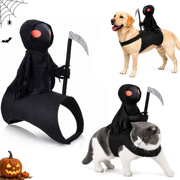Grim Reaper Rider Pet Halloween Costume for Dogs and Cats Adjustable Magic Tape Fastener 3D Cosplay Outfit, Funny Holiday Party Apparel, Soft and Breathable Fabric