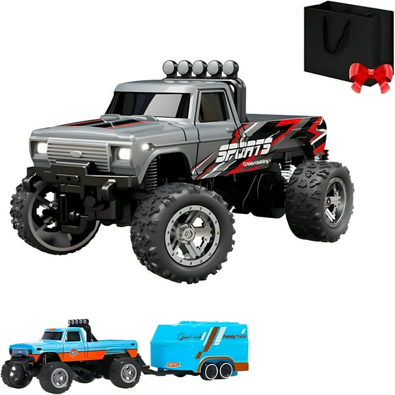BESTSKY Mini Rc Monster Truck,Monster Truck Remote Control Car with 2.4GHz,2.4G Remote Control USB Rechargeable Underflow with Trailer,Mini Rc Monster Truck with Lights (Gray)
