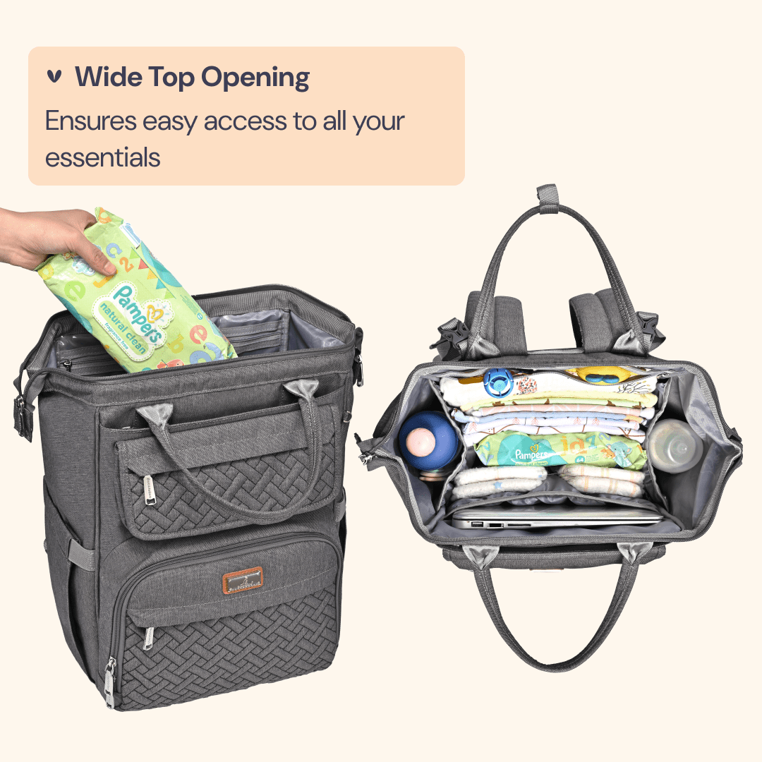 BabbleRoo Widetop Waterproof Diaper Backpack with Insulated Bottle Pockets, Polyesterp- Dark Gray