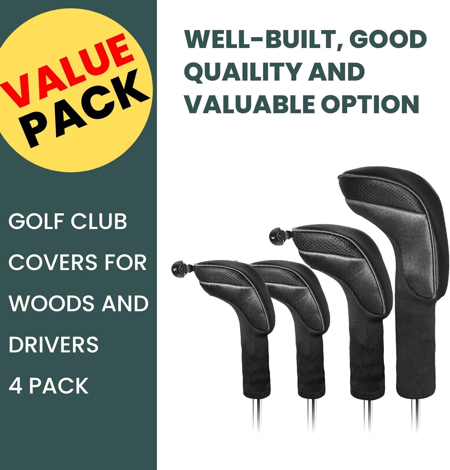 FINGER TEN Golf Club Head Covers for Woods Long Cover Driver Hybrid Fairway, Headcovers with Interchangeable No. Tag Novelty Durable Fit Woods Clubs