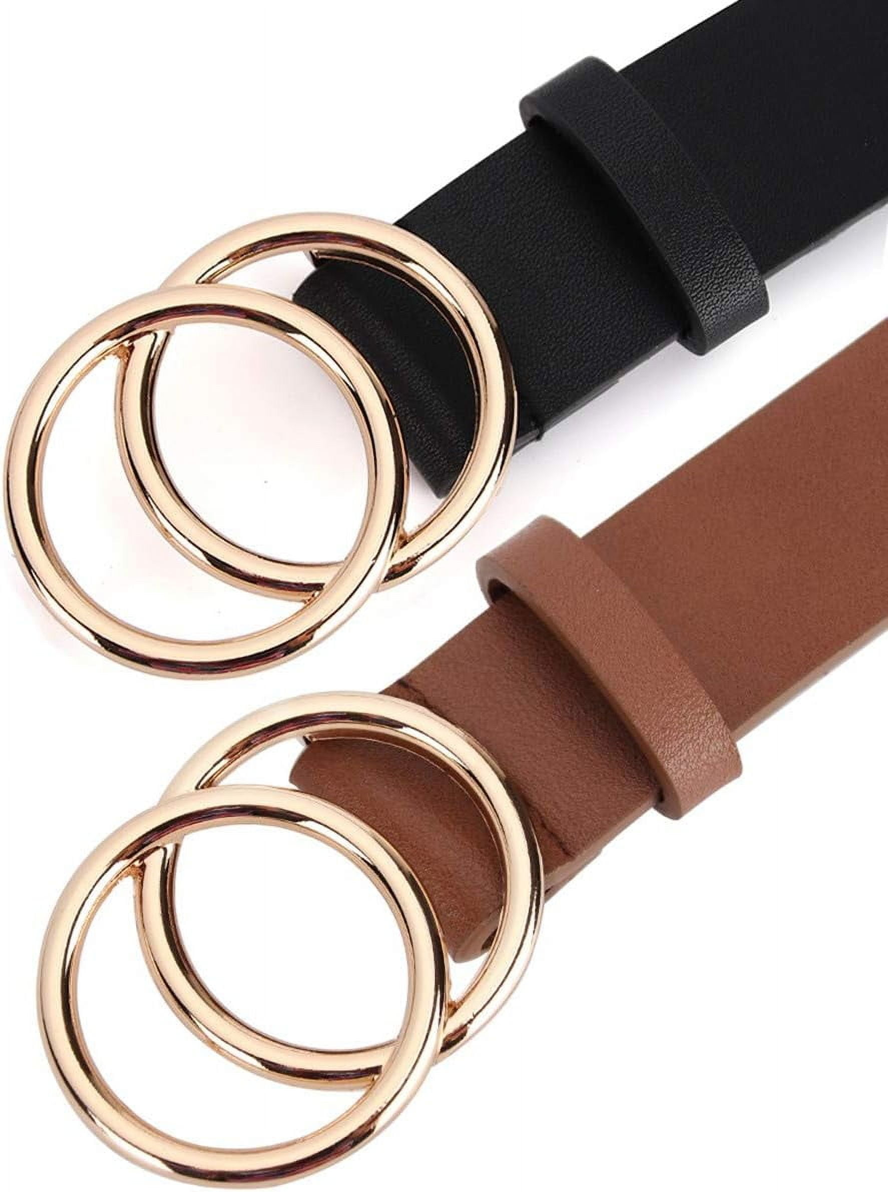 2 Women Belts for Jeans with Fashion Double O-Ring Buckle 