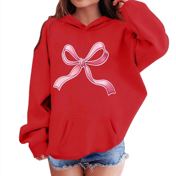 Girls Blouses Dressy Casual Girls Boys Cute Bow Printing Long Sleeve Hoodies Thin Fleece Sweatshirt Pullover Tops with Pocket Girls Long Sleeve Fall Tops Red 3Y