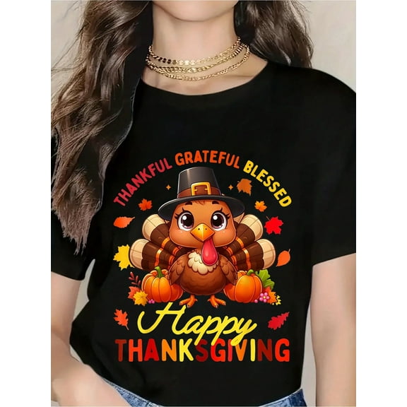 Thankful Grateful Happy Thanksgiving Turkey T-Shirt For Women, Cute Autumn Holiday Graphic Tee With Fall Leaves And Pumpkins, Perfect For Thanksgiving Day Celebration And