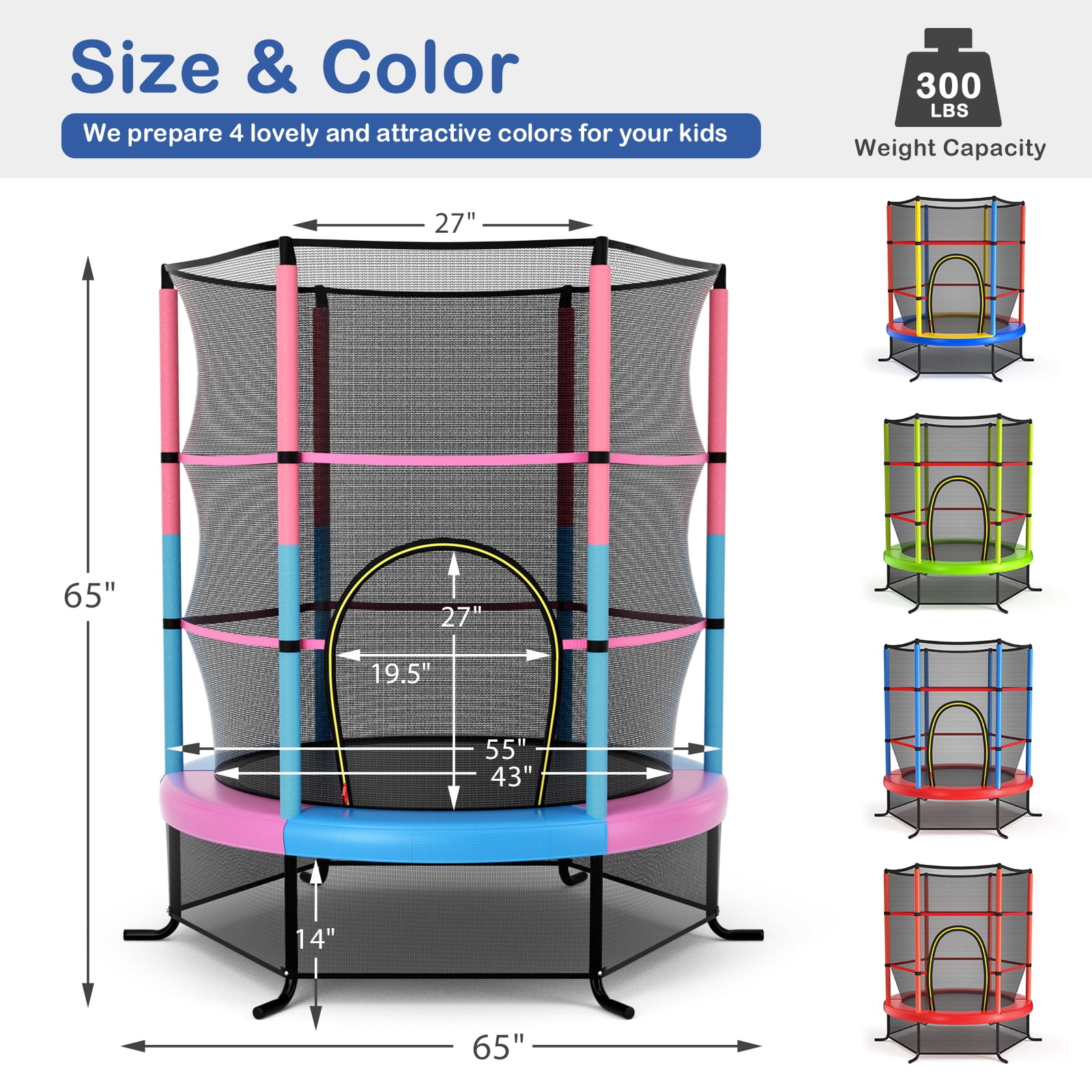 Gymax 55'' Trampoline for Kids Toddler Recreational Trampoline w/ Safety Enclosure Multicolor