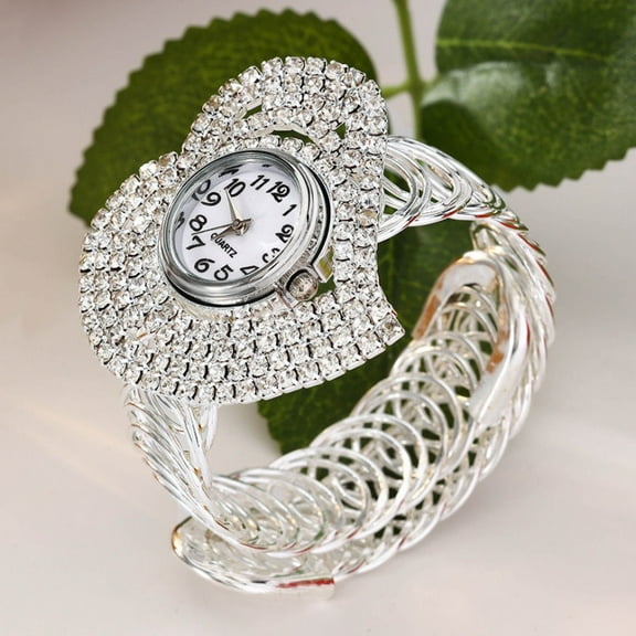 Luxury Women’s Wristwatches Fashion Design Heart-Shaped Quartz Dial Rhinestone Bracelet Watch Stainless Steel Lady Diamond Clock Spring-Open Bangle Gold Silver Female Accessory for Daily Wear Gift