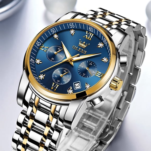OLEVS Men's Stainless Steel Chronograph Watch, Big Face Date Gold Silver Tone Easy to Read Analog Quartz Wrist Watch Luxury Waterproof Diamond Dress Watch for Men