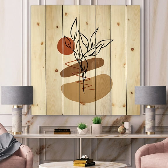 Designart 'Abstract Flowers Plants With Elementary Shapes II' Modern Print on Natural Pine Wood